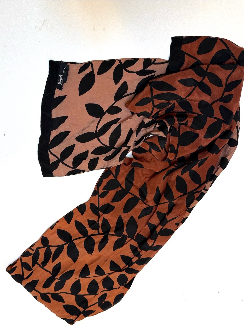 Unknown Brand Black Leaf Print Brown & Tan Lightweight Scarf